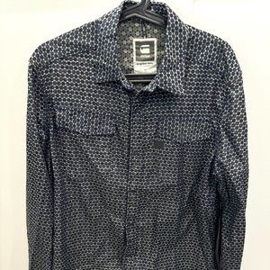 G-Star Raw Shirt Mens X-Large Navy Blue Geometric Landoh Long Sleeve Pearl Snap